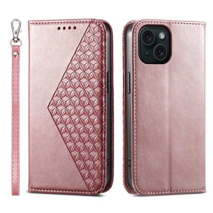 ELECTROPRIME For iPhone 15 Cubic Grid Calf Texture Magnetic Leather Phone Case(Rose Gold)