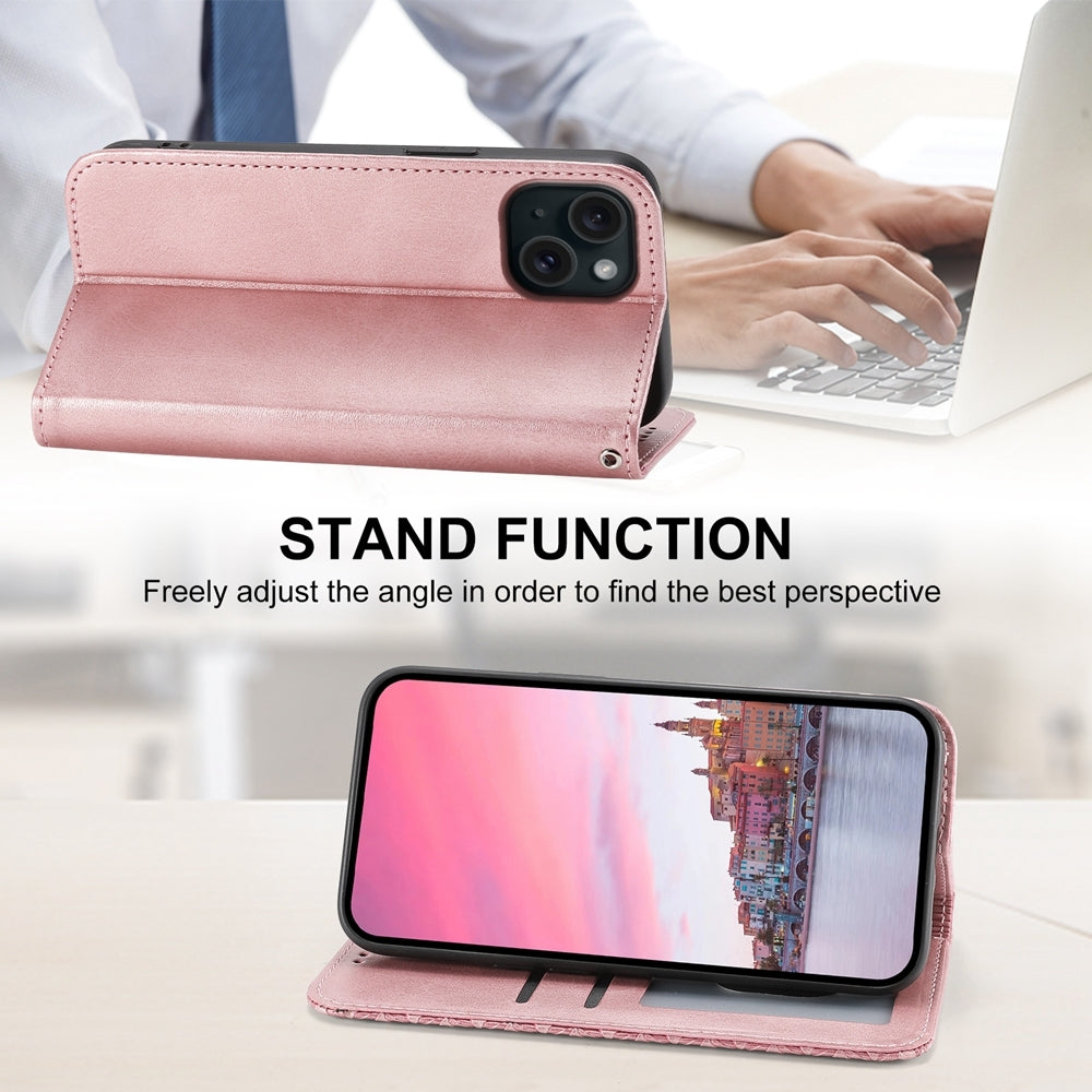 ELECTROPRIME For iPhone 15 Cubic Grid Calf Texture Magnetic Leather Phone Case(Rose Gold)