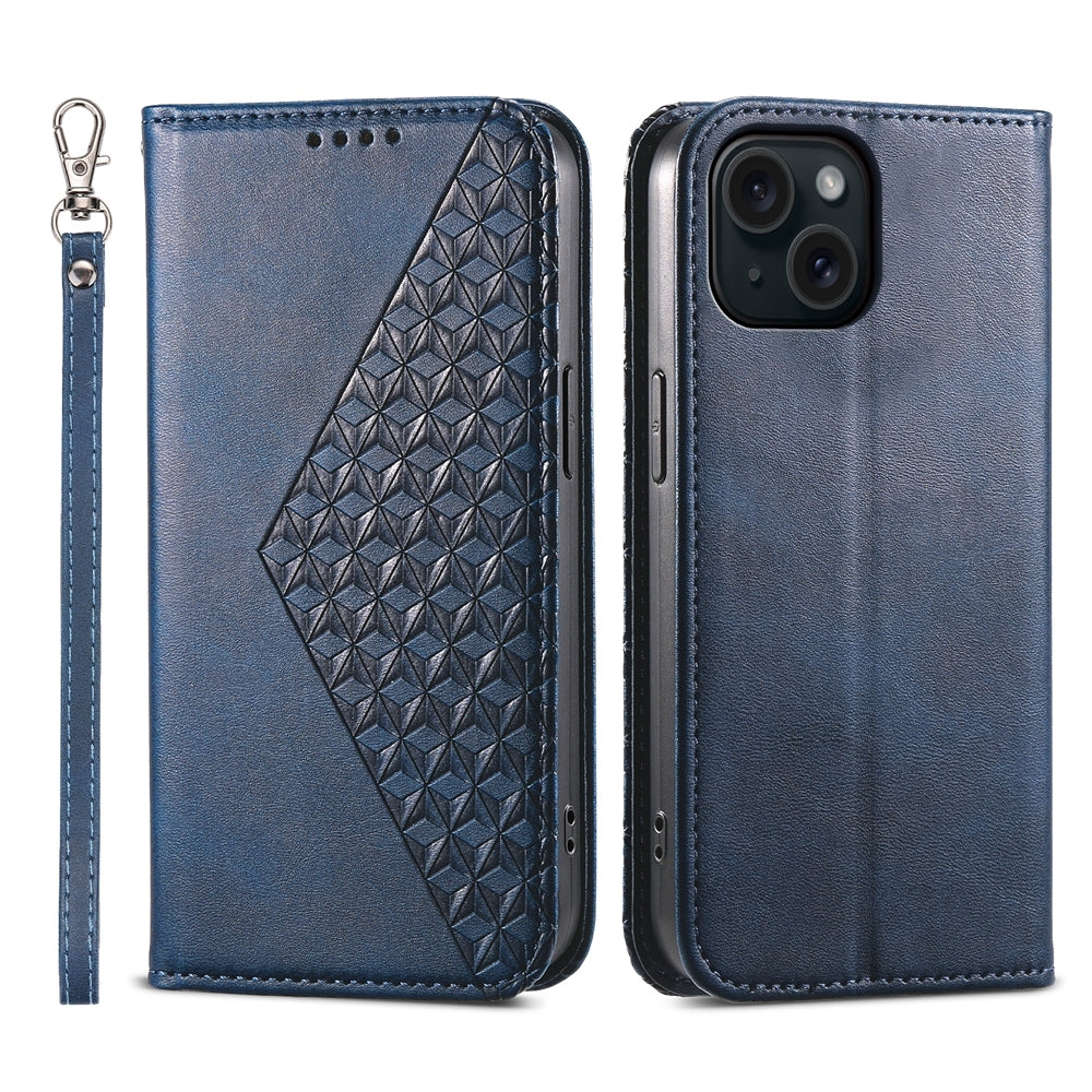 ELECTROPRIME For iPhone 15 Cubic Grid Calf Texture Magnetic Leather Phone Case(Blue)