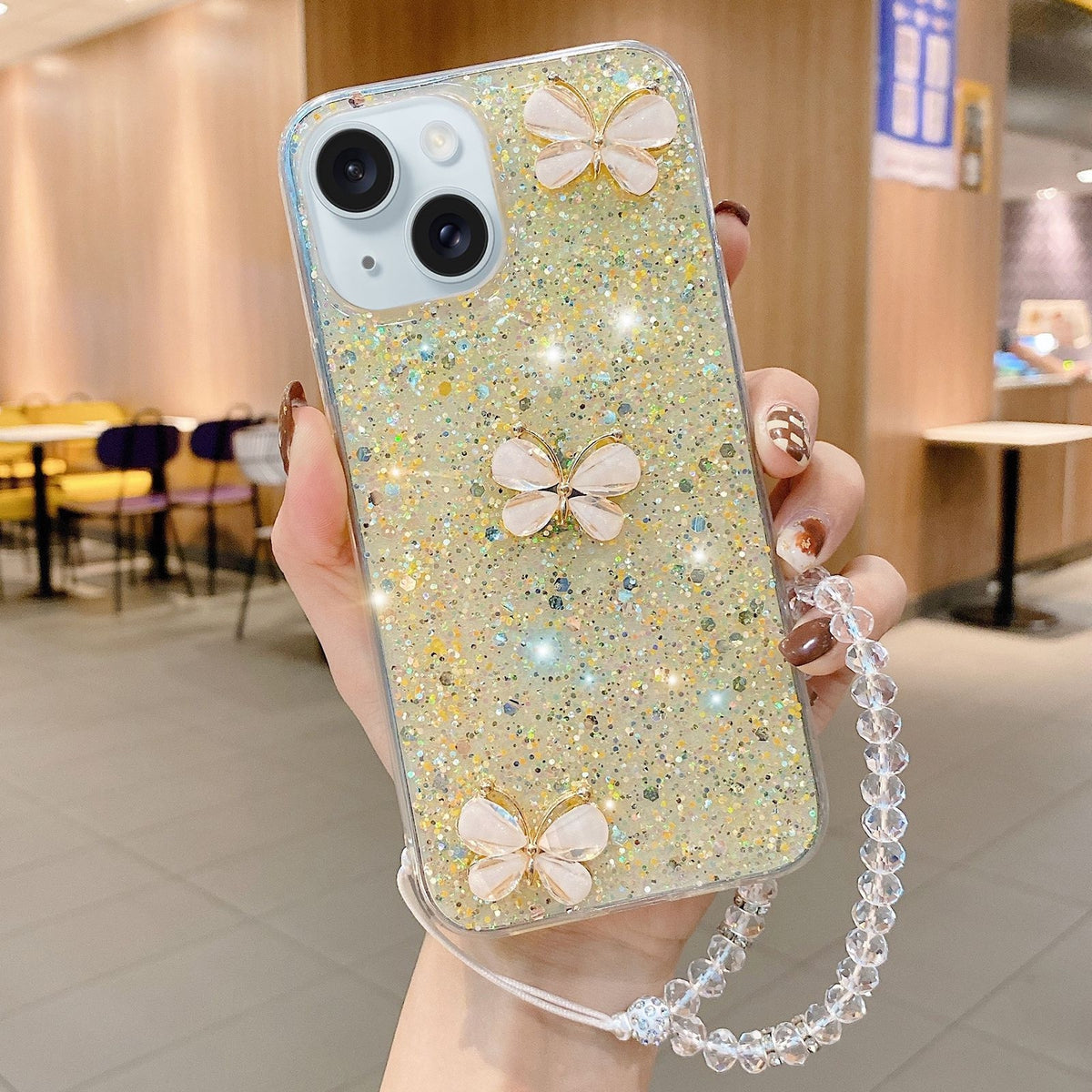 ELECTROPRIME For iPhone 15 Plus Starry Sequin Jade Butterfly Epoxy TPU Phone Case with Strap(Yellow)