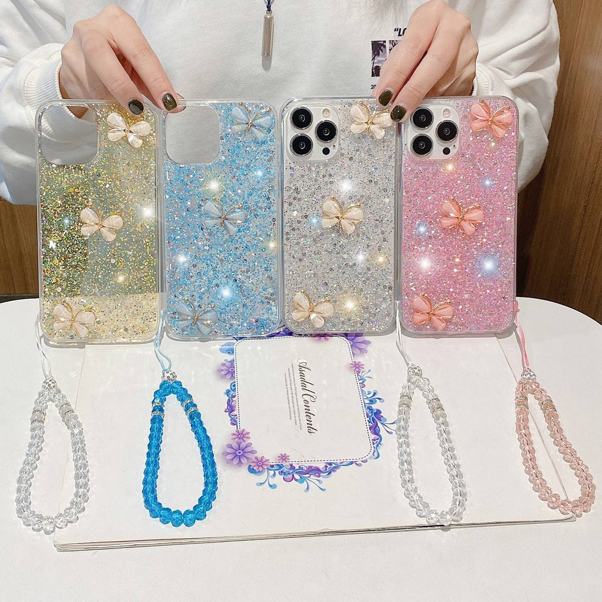 ELECTROPRIME For iPhone 15 Plus Starry Sequin Jade Butterfly Epoxy TPU Phone Case with Strap(Yellow)