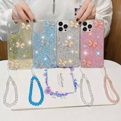 ELECTROPRIME For iPhone 15 Plus Starry Sequin Jade Butterfly Epoxy TPU Phone Case with Strap(Yellow)