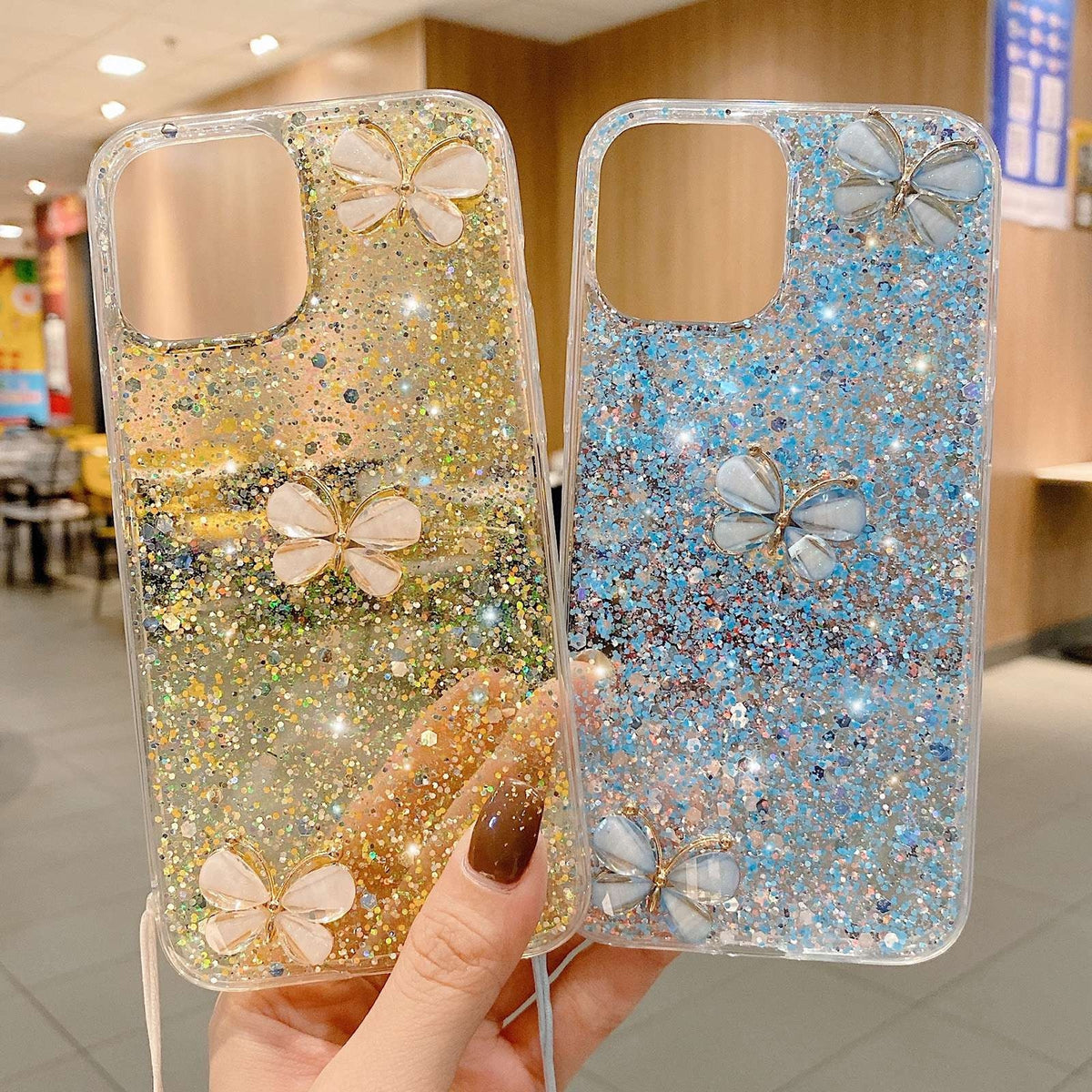 ELECTROPRIME For iPhone 15 Plus Starry Sequin Jade Butterfly Epoxy TPU Phone Case with Strap(Yellow)