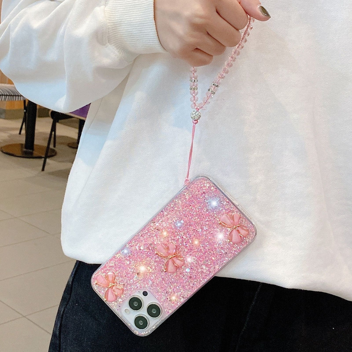 ELECTROPRIME For iPhone 15 Plus Starry Sequin Jade Butterfly Epoxy TPU Phone Case with Strap(Yellow)