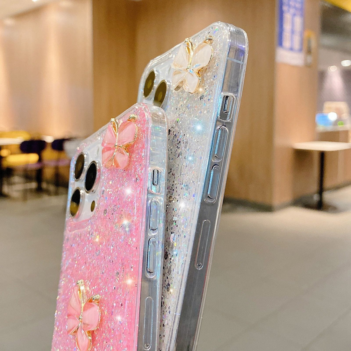 ELECTROPRIME For iPhone 15 Plus Starry Sequin Jade Butterfly Epoxy TPU Phone Case with Strap(Yellow)