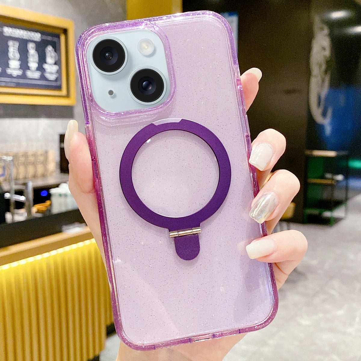 ELECTROPRIME For iPhone 15 Glitter MagSafe Magnetic Phone Case with Stand(Purple)