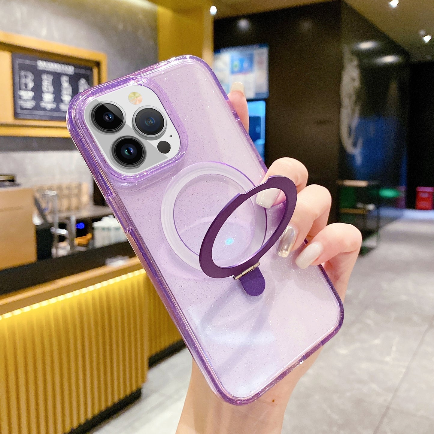 ELECTROPRIME For iPhone 15 Glitter MagSafe Magnetic Phone Case with Stand(Purple)