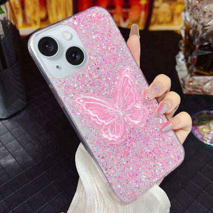 ELECTROPRIME For iPhone 15 Starry Sequin Embroidered Butterfly Epoxy TPU Phone Case(Pink)