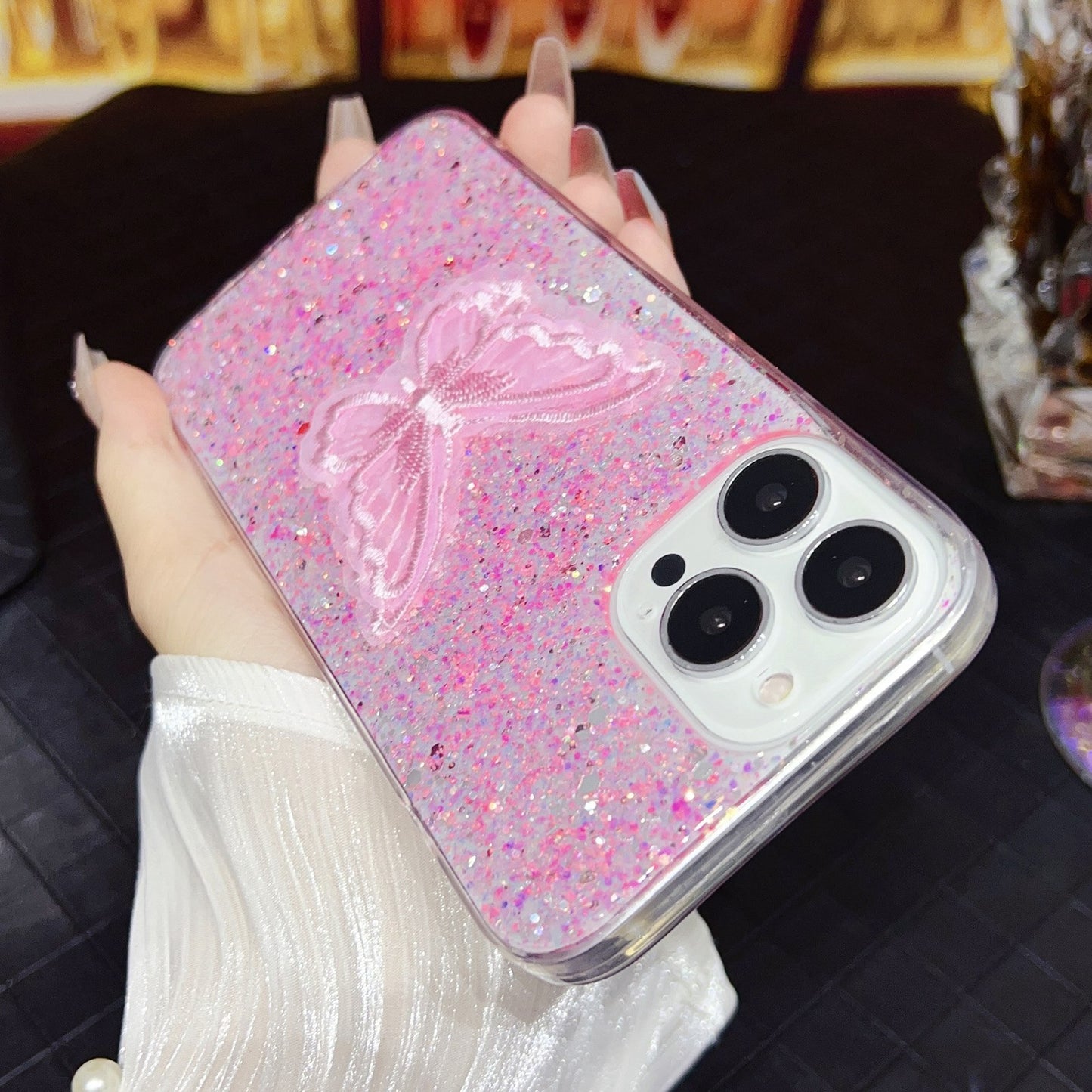 ELECTROPRIME For iPhone 15 Starry Sequin Embroidered Butterfly Epoxy TPU Phone Case(Pink)