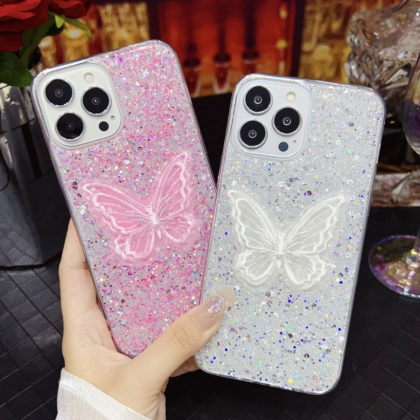ELECTROPRIME For iPhone 15 Starry Sequin Embroidered Butterfly Epoxy TPU Phone Case(Pink)