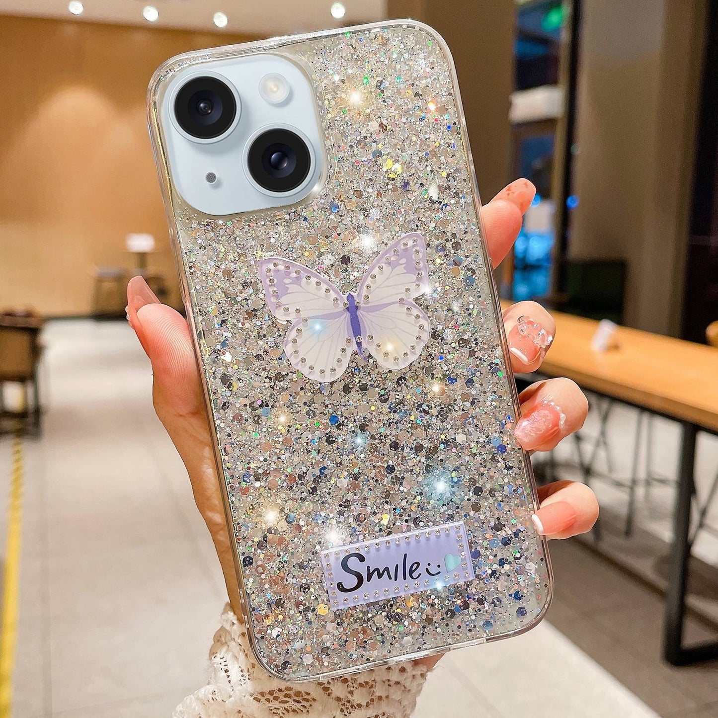 ELECTROPRIME For iPhone 15 Starry Sequin Rhinestones Butterfly Epoxy TPU Phone Case(Silver)