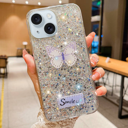 ELECTROPRIME For iPhone 15 Starry Sequin Rhinestones Butterfly Epoxy TPU Phone Case(Silver)