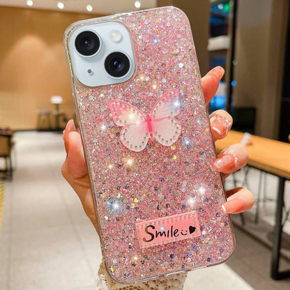 ELECTROPRIME For iPhone 15 Starry Sequin Rhinestones Butterfly Epoxy TPU Phone Case(Pink)