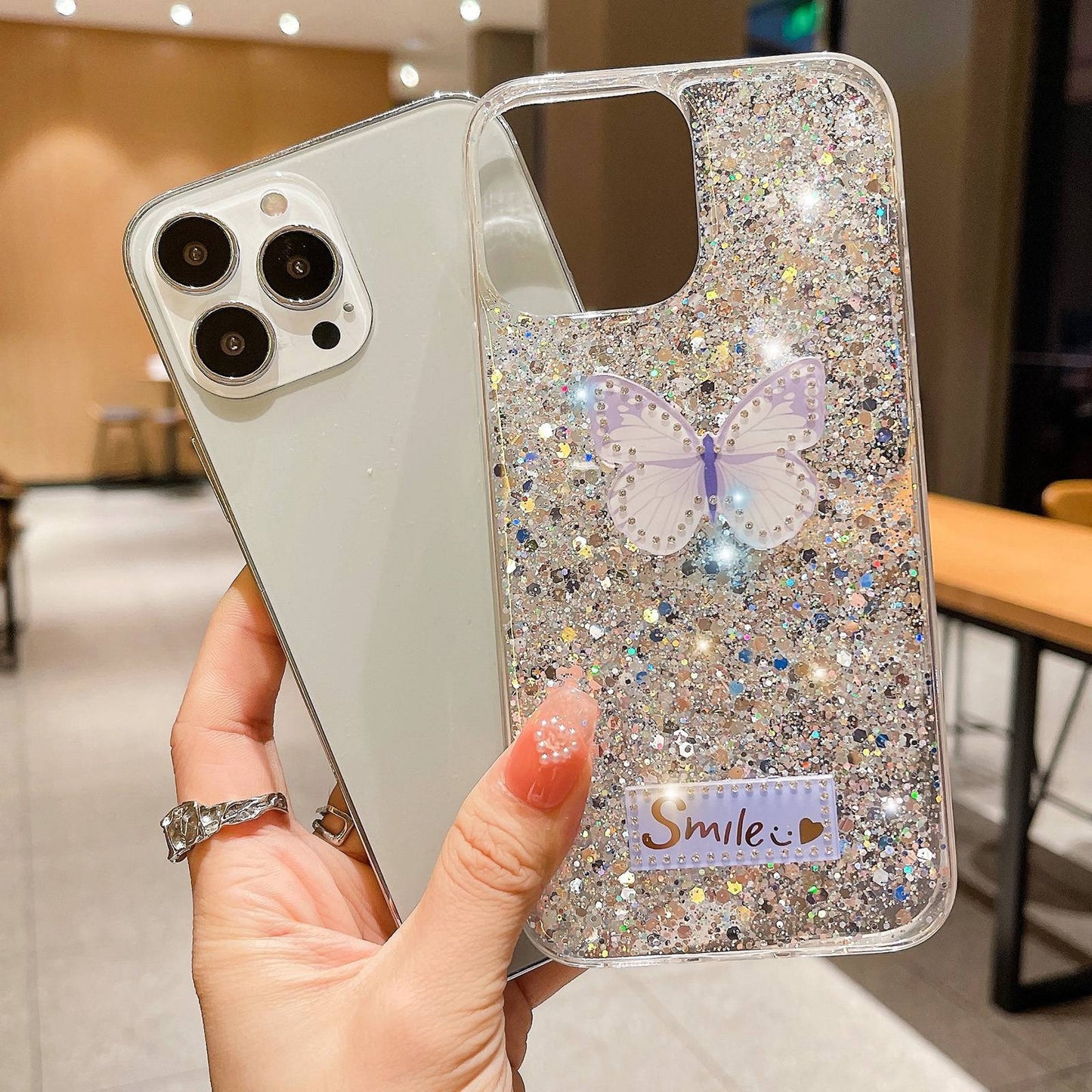 ELECTROPRIME For iPhone 15 Starry Sequin Rhinestones Butterfly Epoxy TPU Phone Case(Pink)