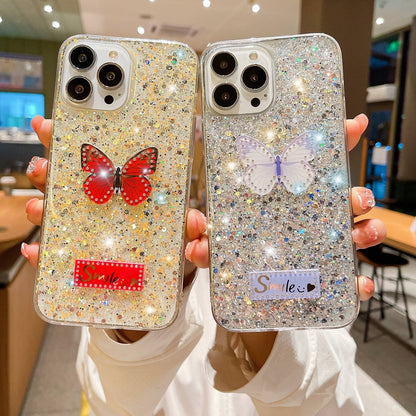 ELECTROPRIME For iPhone 15 Starry Sequin Rhinestones Butterfly Epoxy TPU Phone Case(Pink)