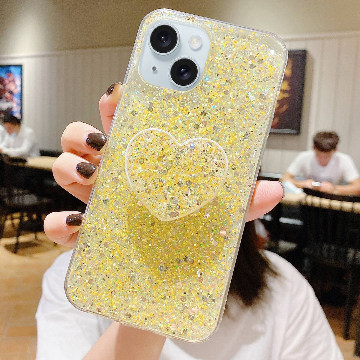 ELECTROPRIME For iPhone 15 Plus Starry Sequin Heart Stand Epoxy TPU Phone Case(Yellow)