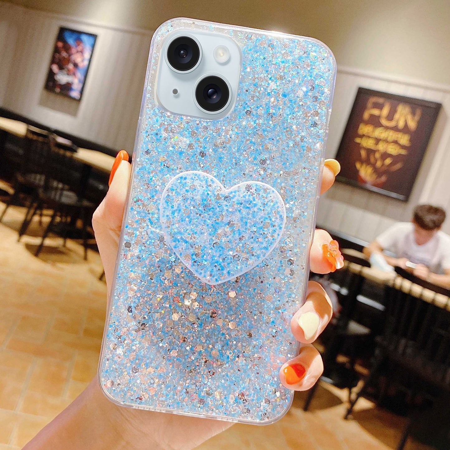 ELECTROPRIME For iPhone 15 Starry Sequin Heart Stand Epoxy TPU Phone Case(Blue)
