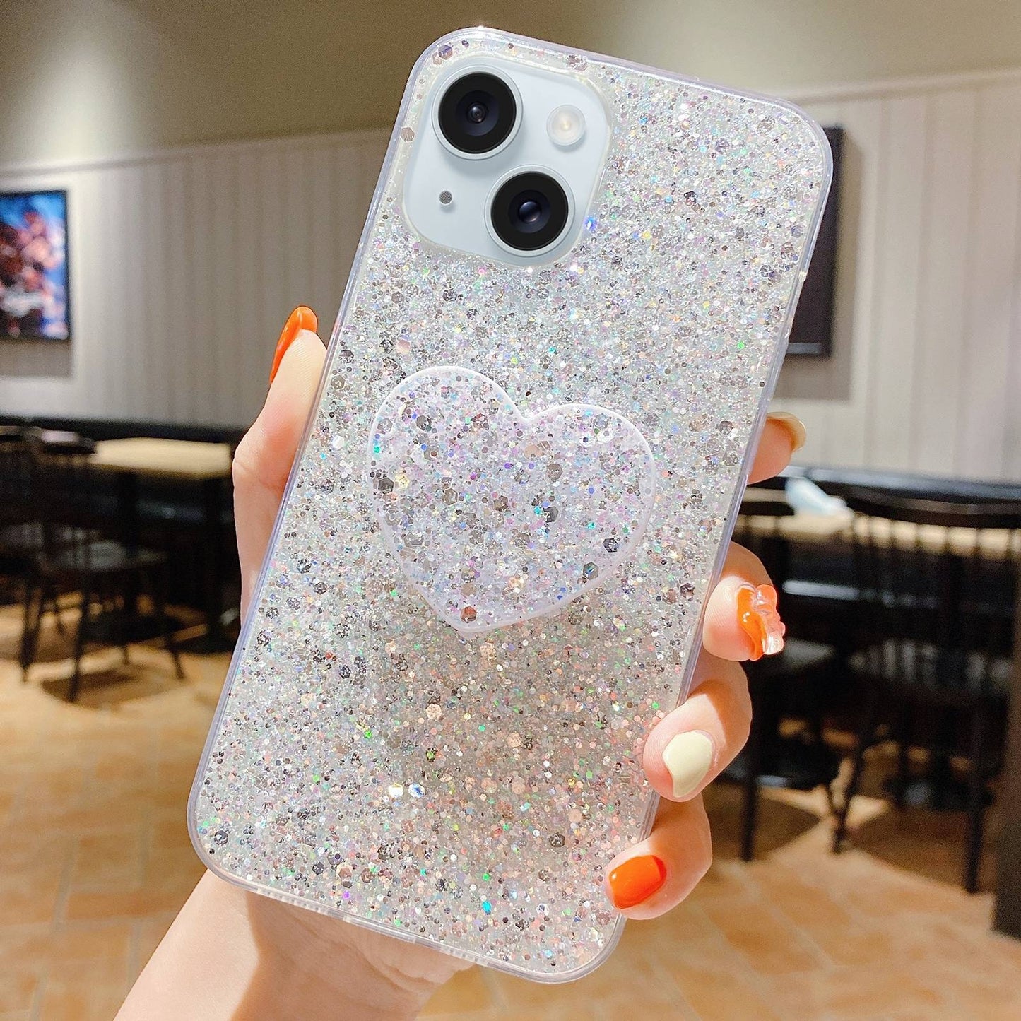 ELECTROPRIME For iPhone 15 Starry Sequin Heart Stand Epoxy TPU Phone Case(Silver)