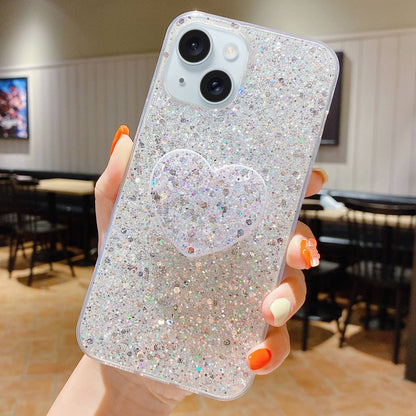 ELECTROPRIME For iPhone 15 Starry Sequin Heart Stand Epoxy TPU Phone Case(Silver)