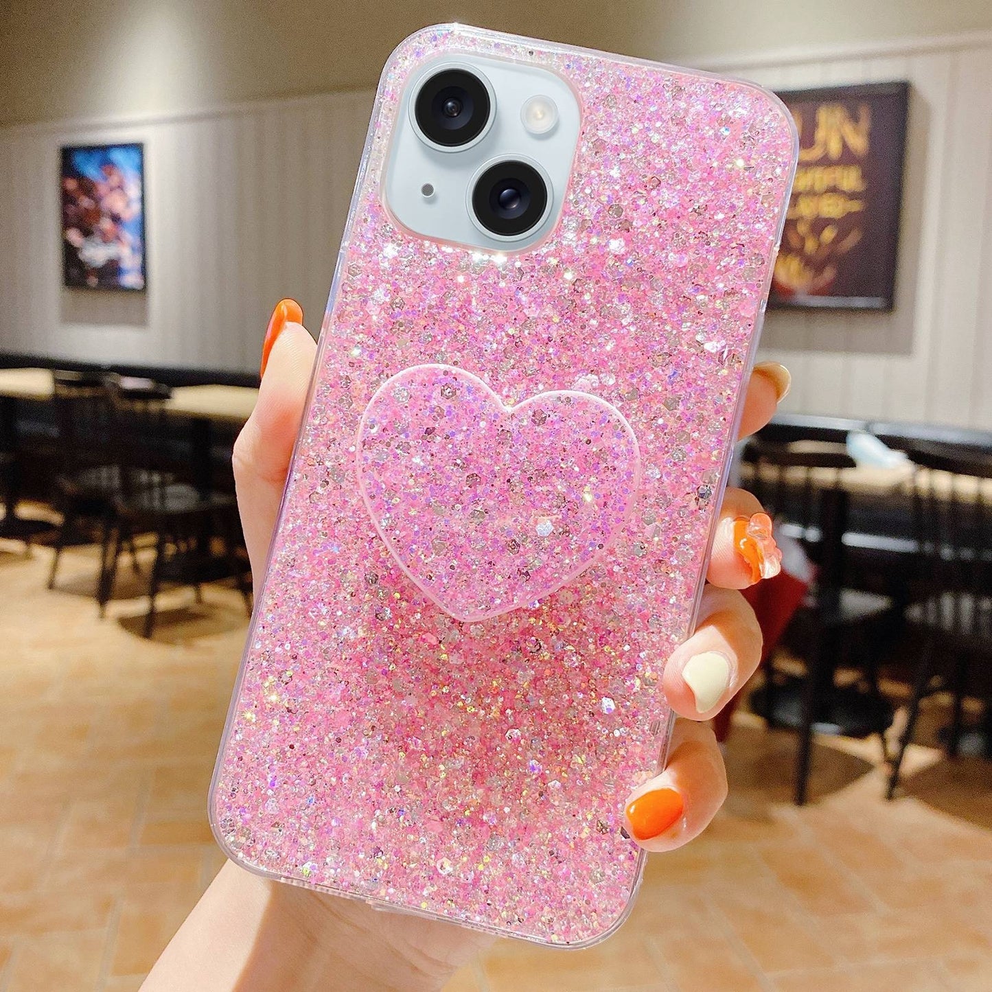 ELECTROPRIME For iPhone 15 Starry Sequin Heart Stand Epoxy TPU Phone Case(Pink)
