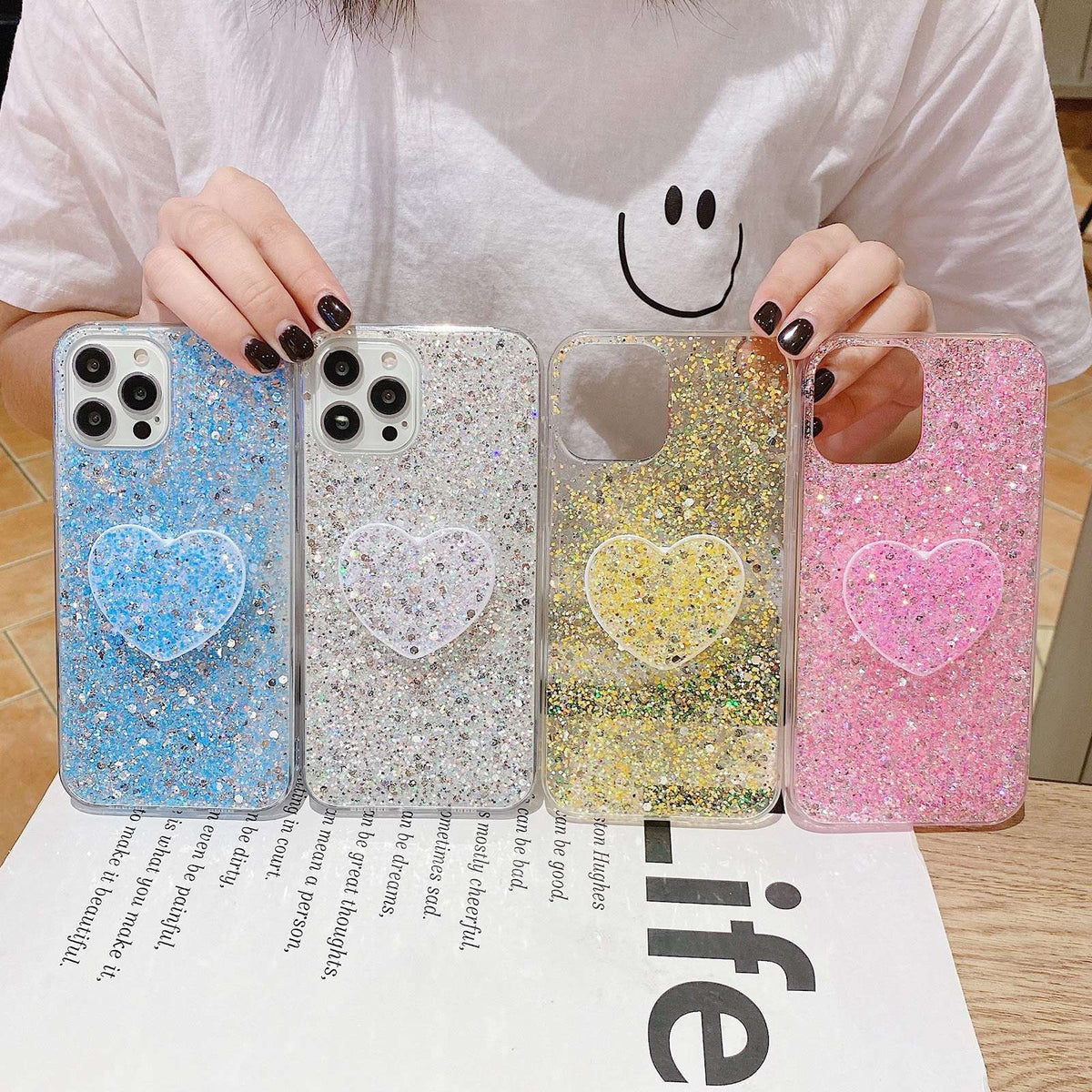 ELECTROPRIME For iPhone 15 Plus Starry Sequin Heart Stand Epoxy TPU Phone Case(Yellow)