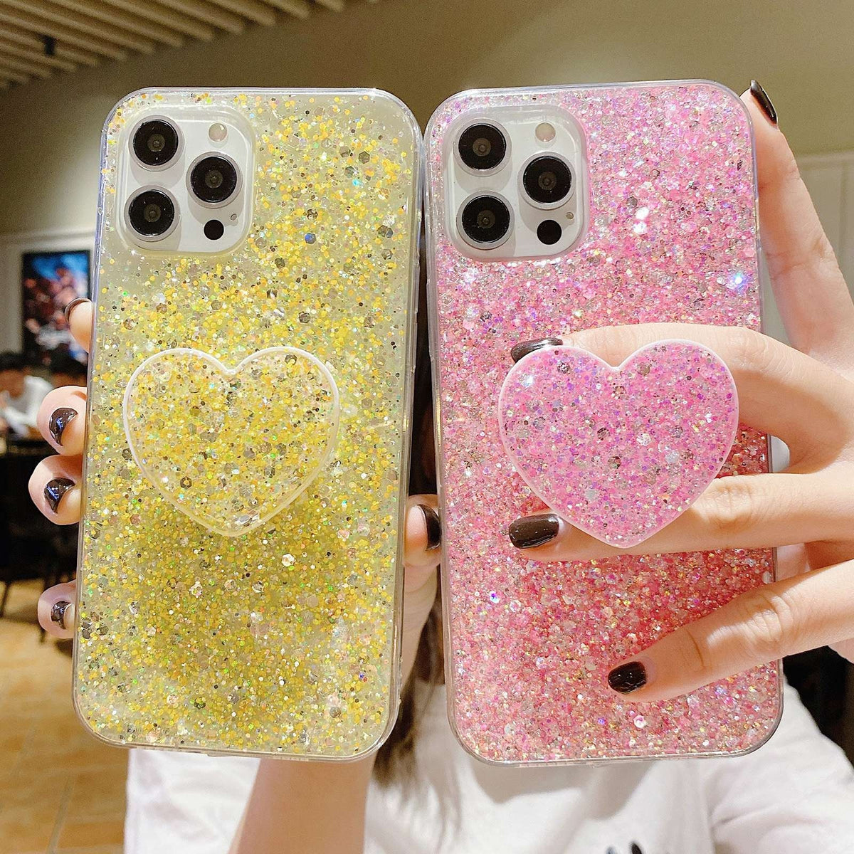 ELECTROPRIME For iPhone 15 Plus Starry Sequin Heart Stand Epoxy TPU Phone Case(Yellow)