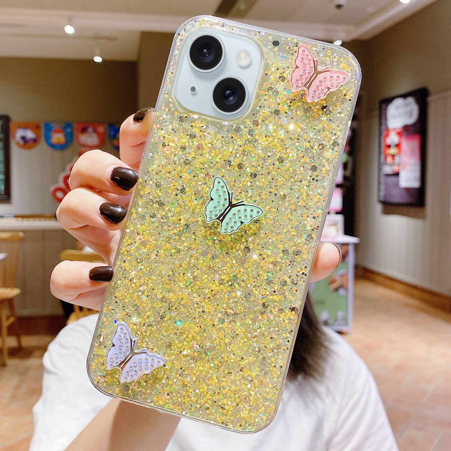 ELECTROPRIME For iPhone 15 Starry Sequin Rhinestones Color Butterflies Epoxy TPU Phone Case(Yellow)