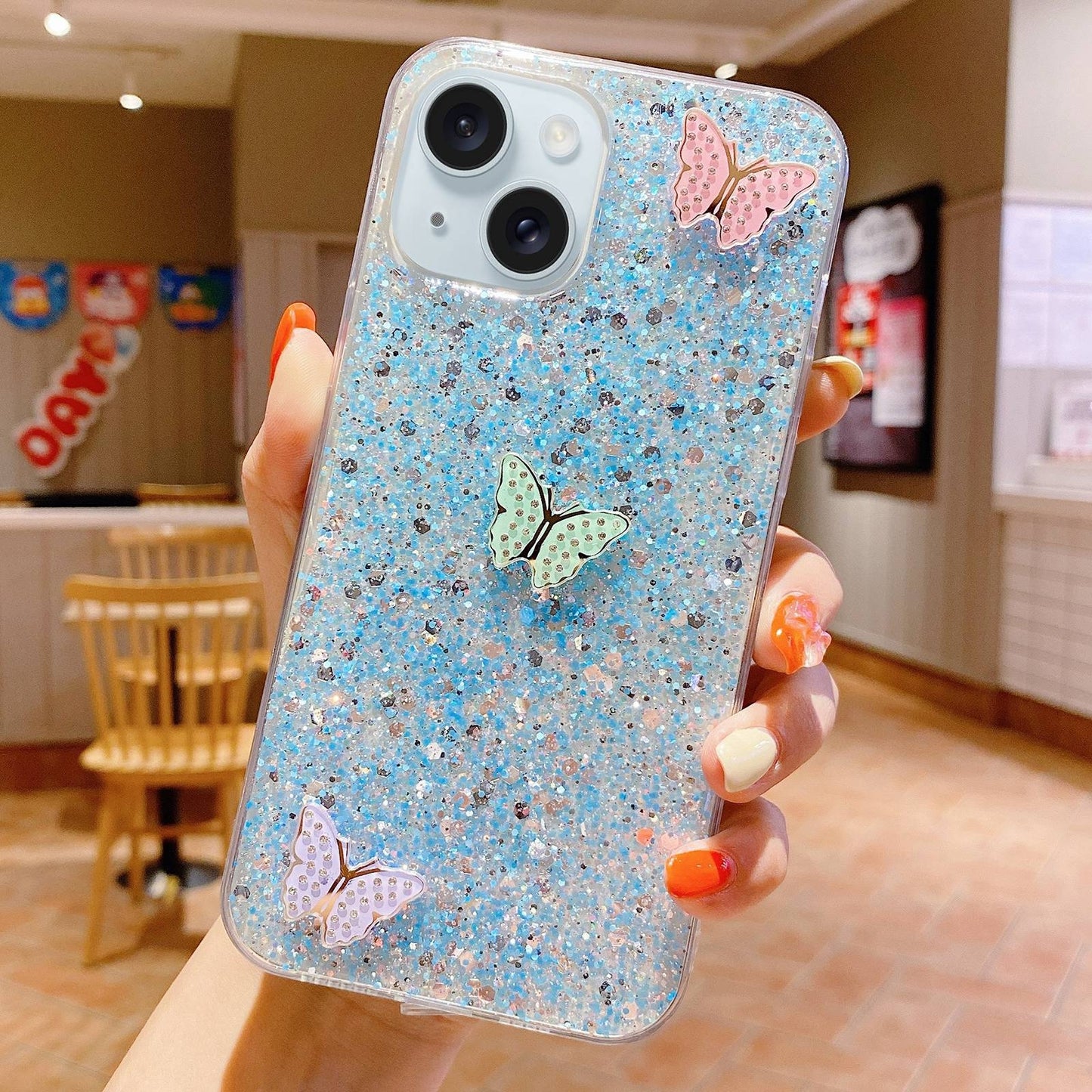 ELECTROPRIME For iPhone 15 Starry Sequin Rhinestones Color Butterflies Epoxy TPU Phone Case(Blue)
