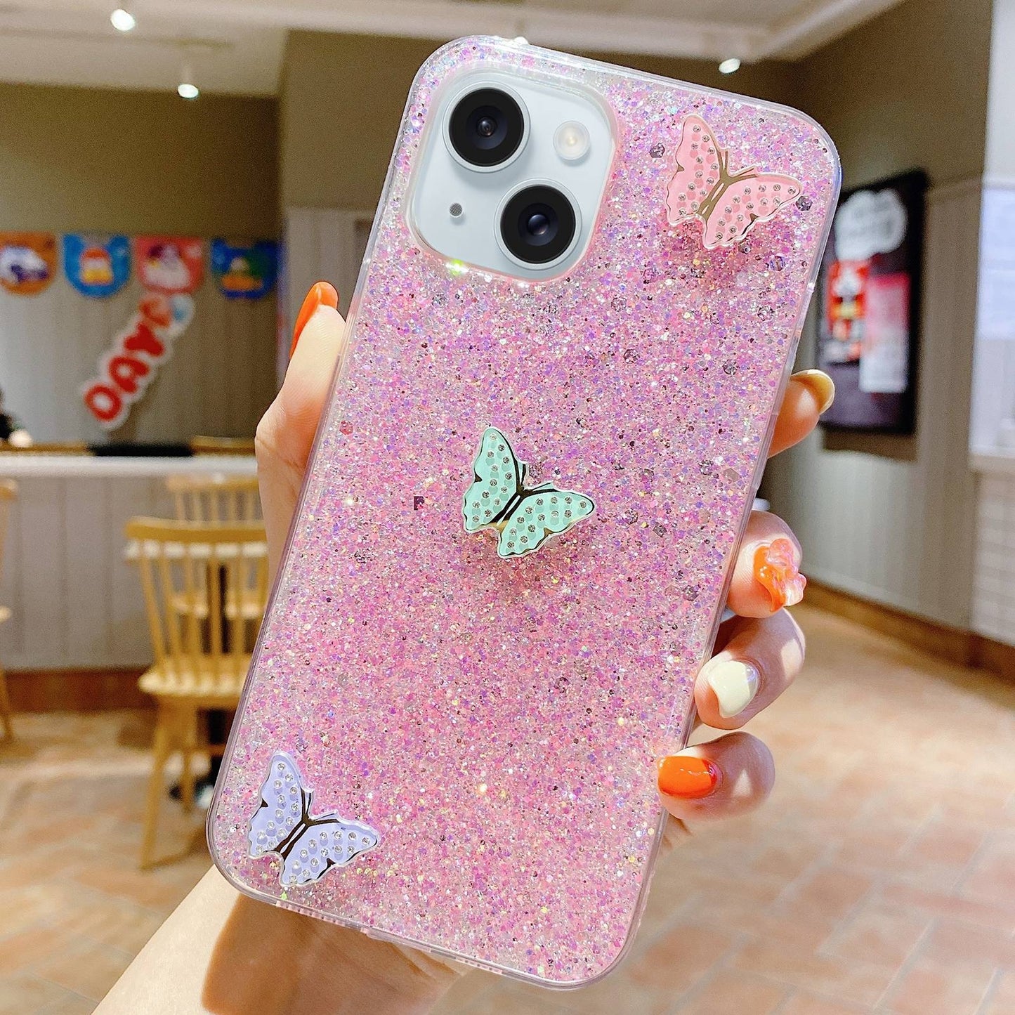 ELECTROPRIME For iPhone 15 Starry Sequin Rhinestones Color Butterflies Epoxy TPU Phone Case(Pink)