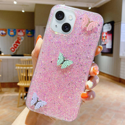 ELECTROPRIME For iPhone 15 Starry Sequin Rhinestones Color Butterflies Epoxy TPU Phone Case(Pink)