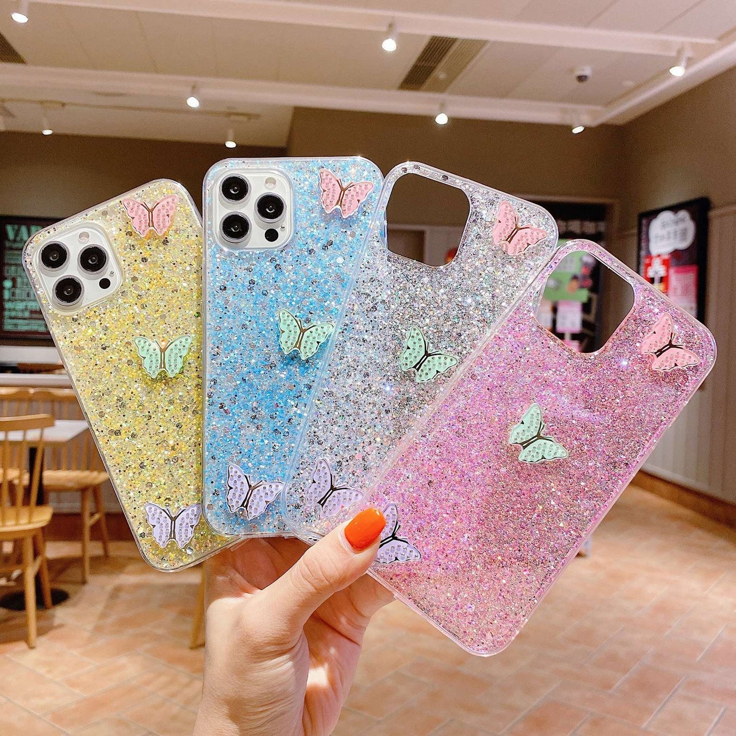 ELECTROPRIME For iPhone 15 Starry Sequin Rhinestones Color Butterflies Epoxy TPU Phone Case(Blue)