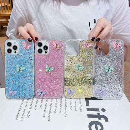 ELECTROPRIME For iPhone 15 Starry Sequin Rhinestones Color Butterflies Epoxy TPU Phone Case(Blue)