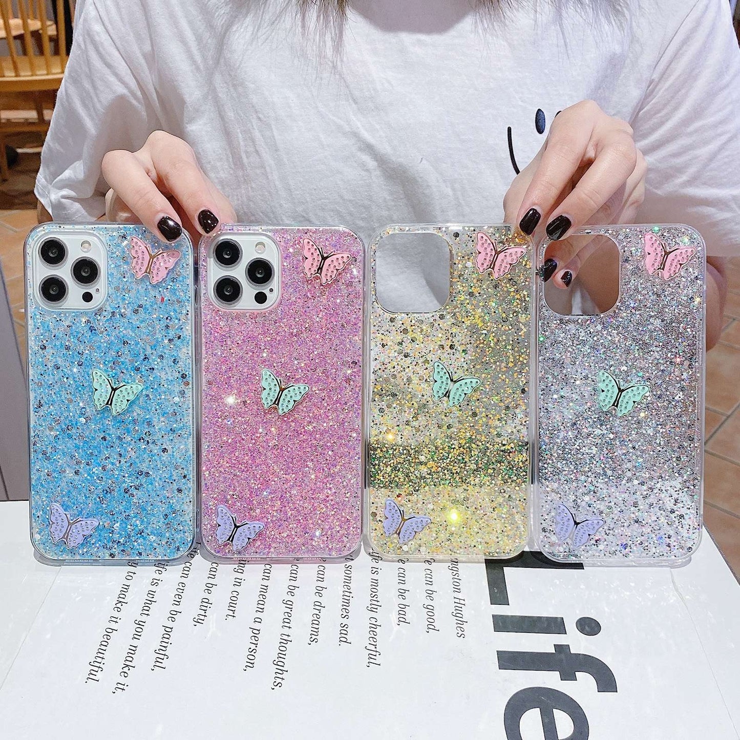 ELECTROPRIME For iPhone 15 Starry Sequin Rhinestones Color Butterflies Epoxy TPU Phone Case(Pink)