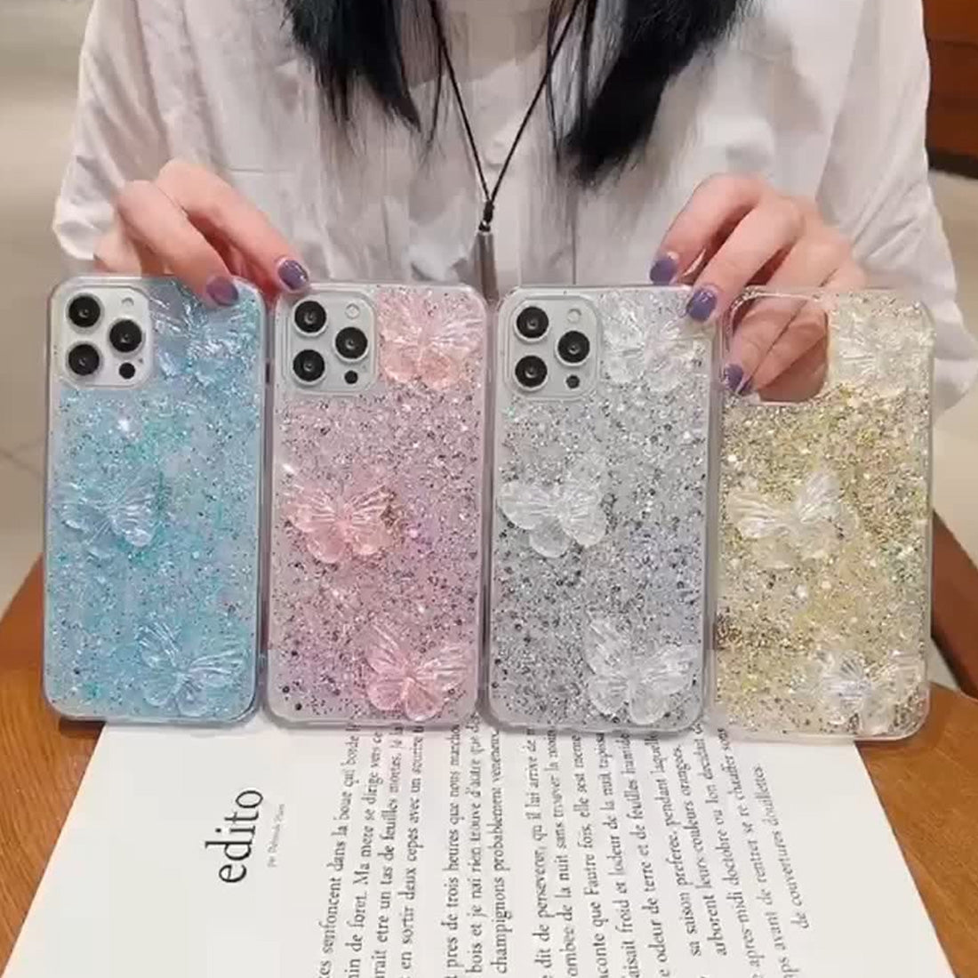 ELECTROPRIME For iPhone 15 Plus Starry Sequin Crystal Butterflies Epoxy TPU Phone Case(Blue)