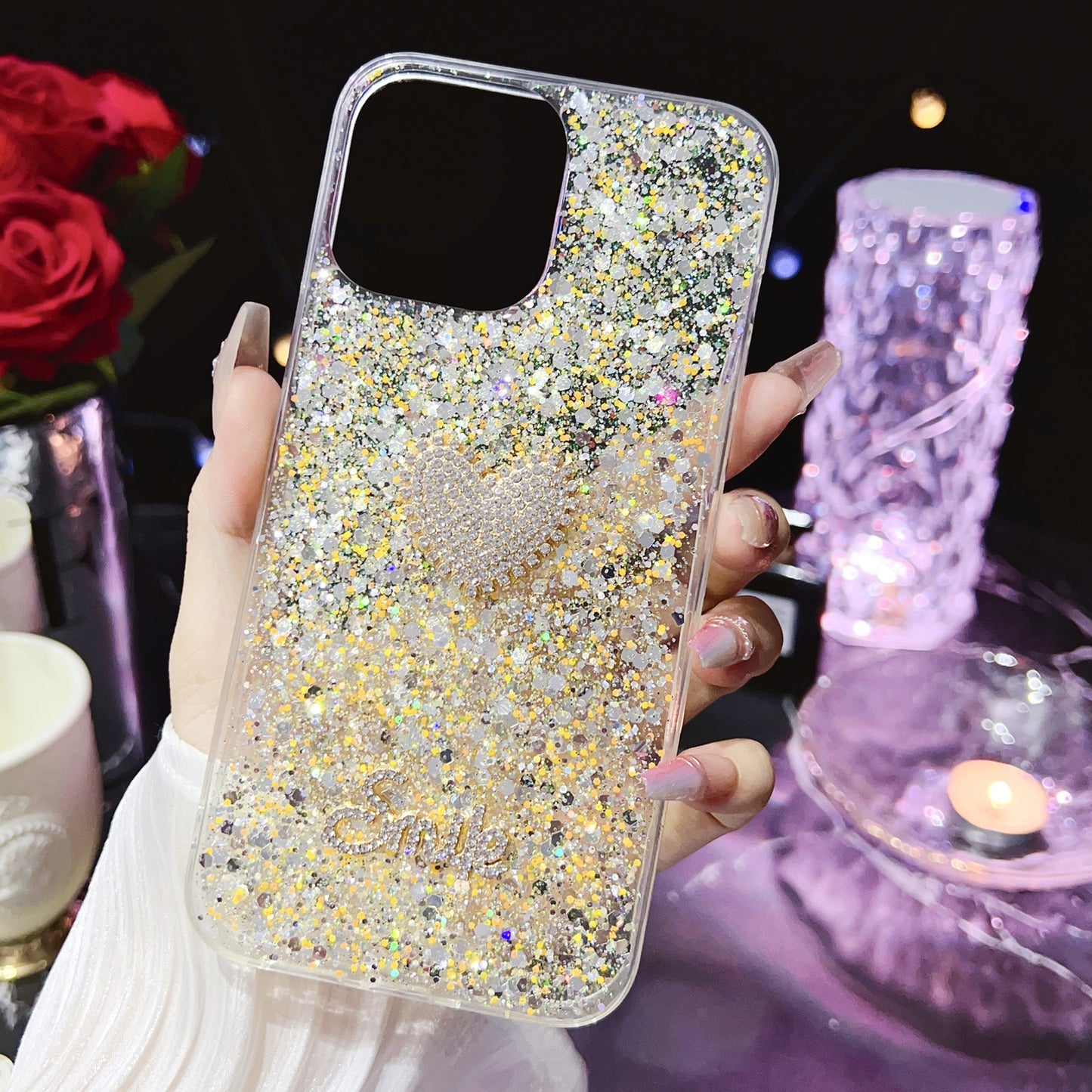 ELECTROPRIME For iPhone 15 Starry Sequin Diamond Heart Epoxy TPU Phone Case(Yellow)