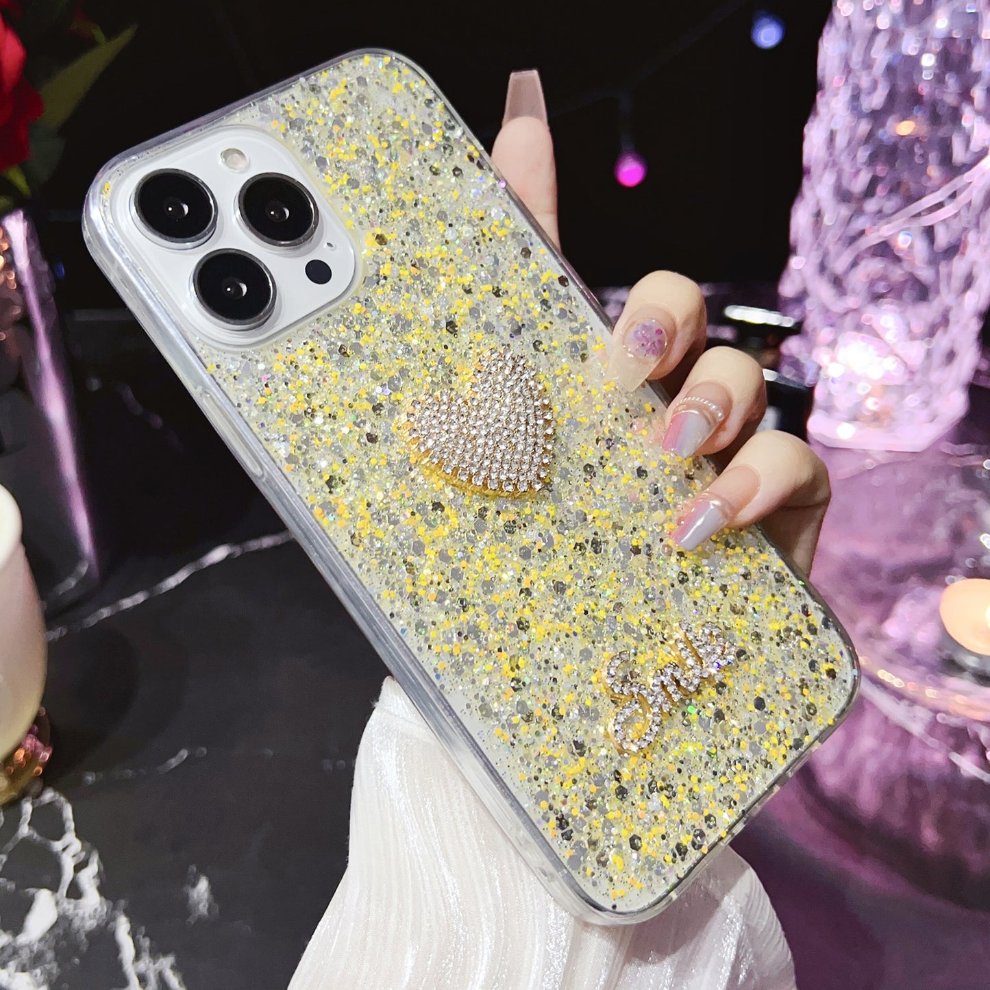 ELECTROPRIME For iPhone 15 Starry Sequin Diamond Heart Epoxy TPU Phone Case(Yellow)