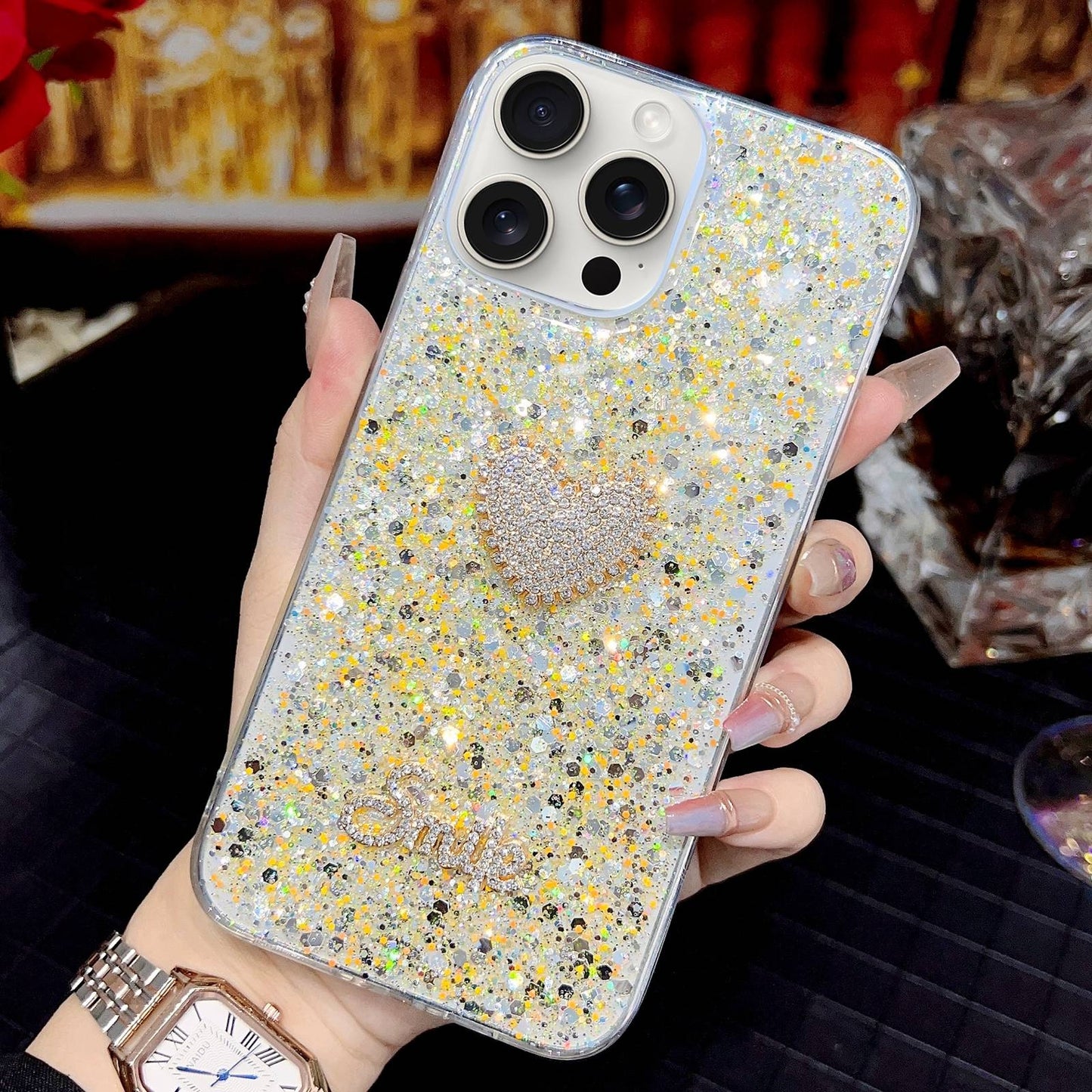 ELECTROPRIME For iPhone 15 Starry Sequin Diamond Heart Epoxy TPU Phone Case(Yellow)