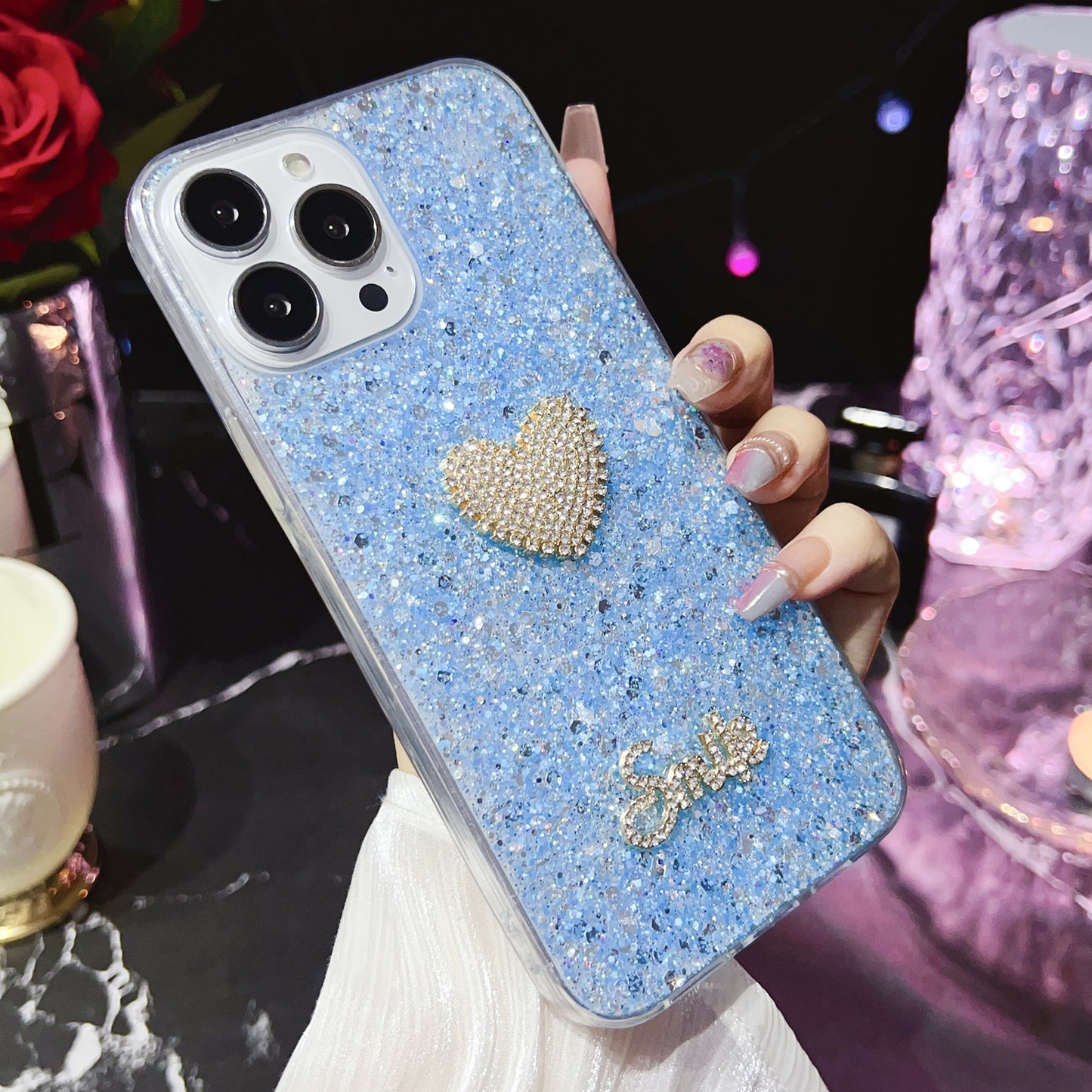 ELECTROPRIME For iPhone 15 Starry Sequin Diamond Heart Epoxy TPU Phone Case(Blue)