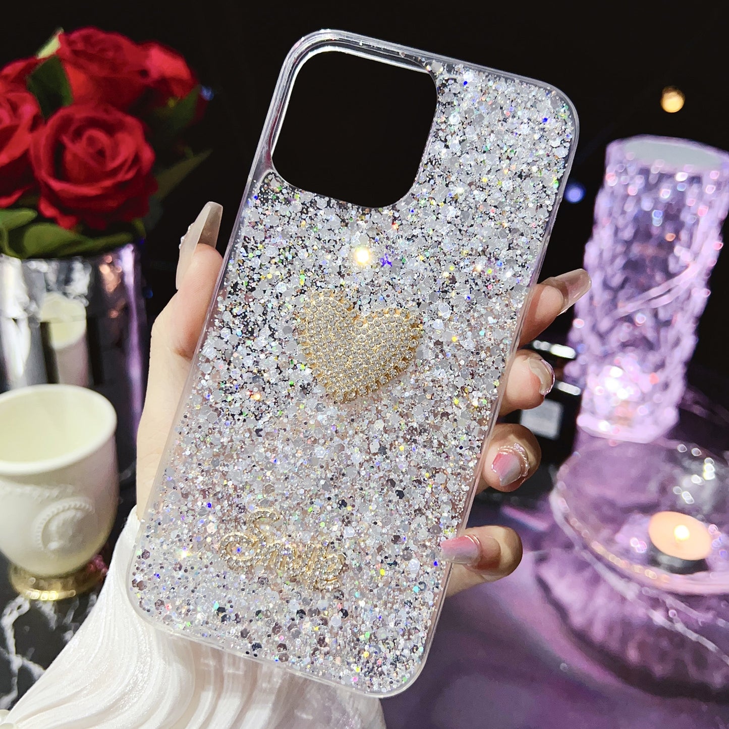 ELECTROPRIME For iPhone 15 Starry Sequin Diamond Heart Epoxy TPU Phone Case(Silver)