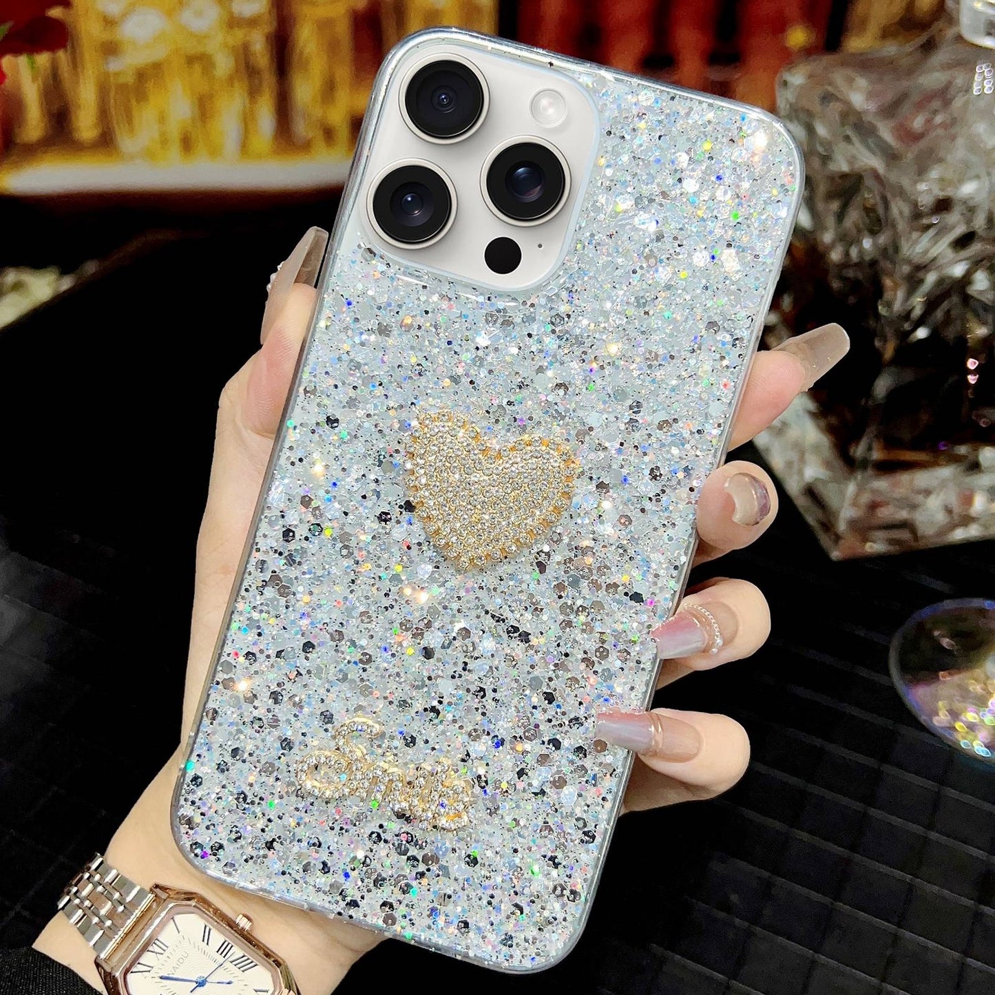 ELECTROPRIME For iPhone 15 Starry Sequin Diamond Heart Epoxy TPU Phone Case(Silver)