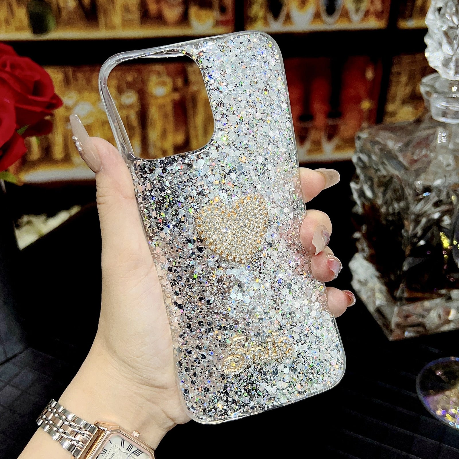 ELECTROPRIME For iPhone 15 Starry Sequin Diamond Heart Epoxy TPU Phone Case(Yellow)