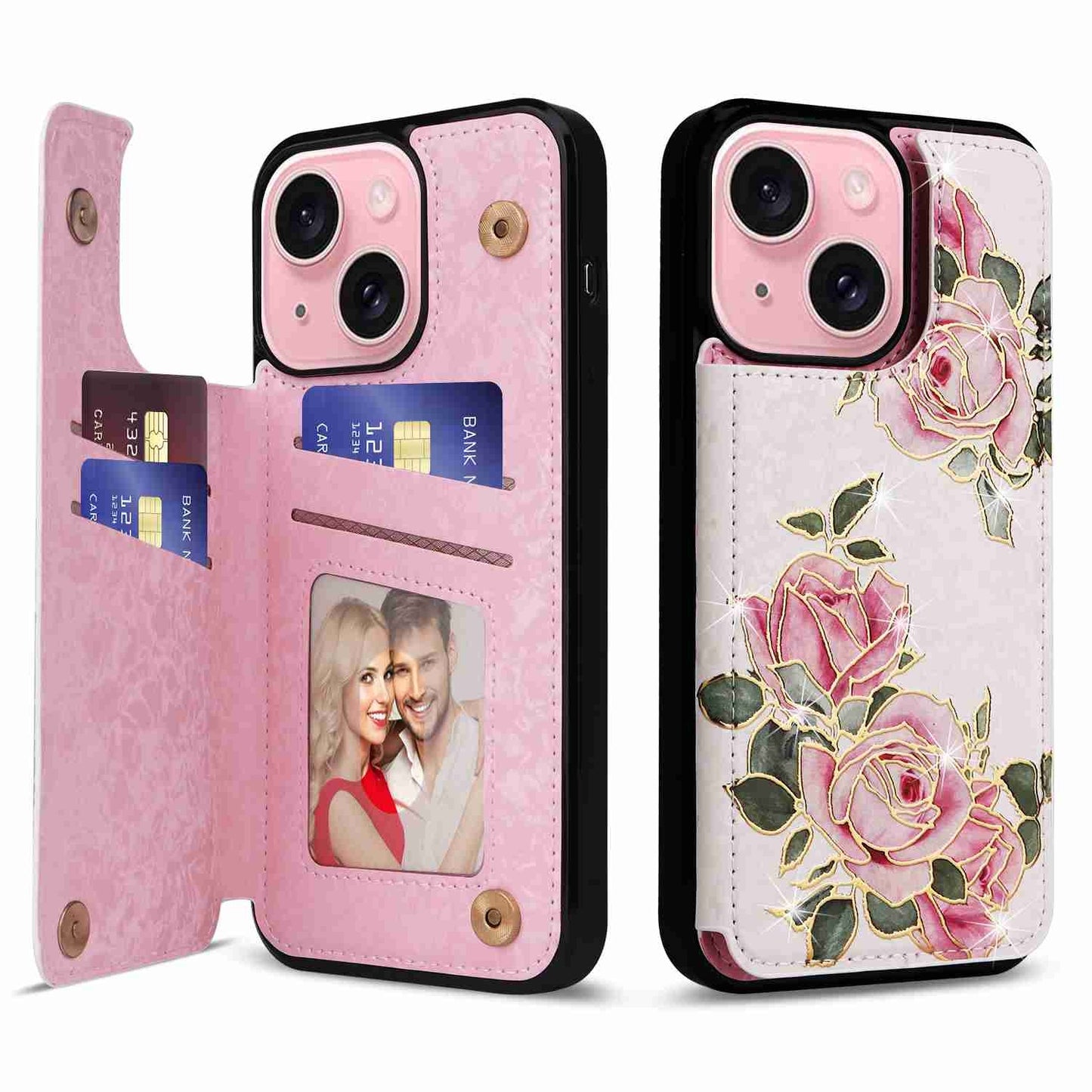 ELECTROPRIME For iPhone 15 Printed Double Buckle RFID Anti-theft Phone Case(Rose)