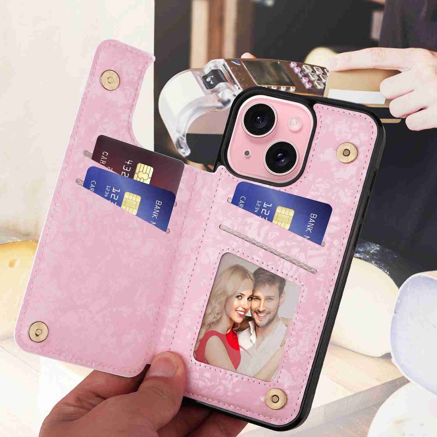 ELECTROPRIME For iPhone 15 Printed Double Buckle RFID Anti-theft Phone Case(Rose)