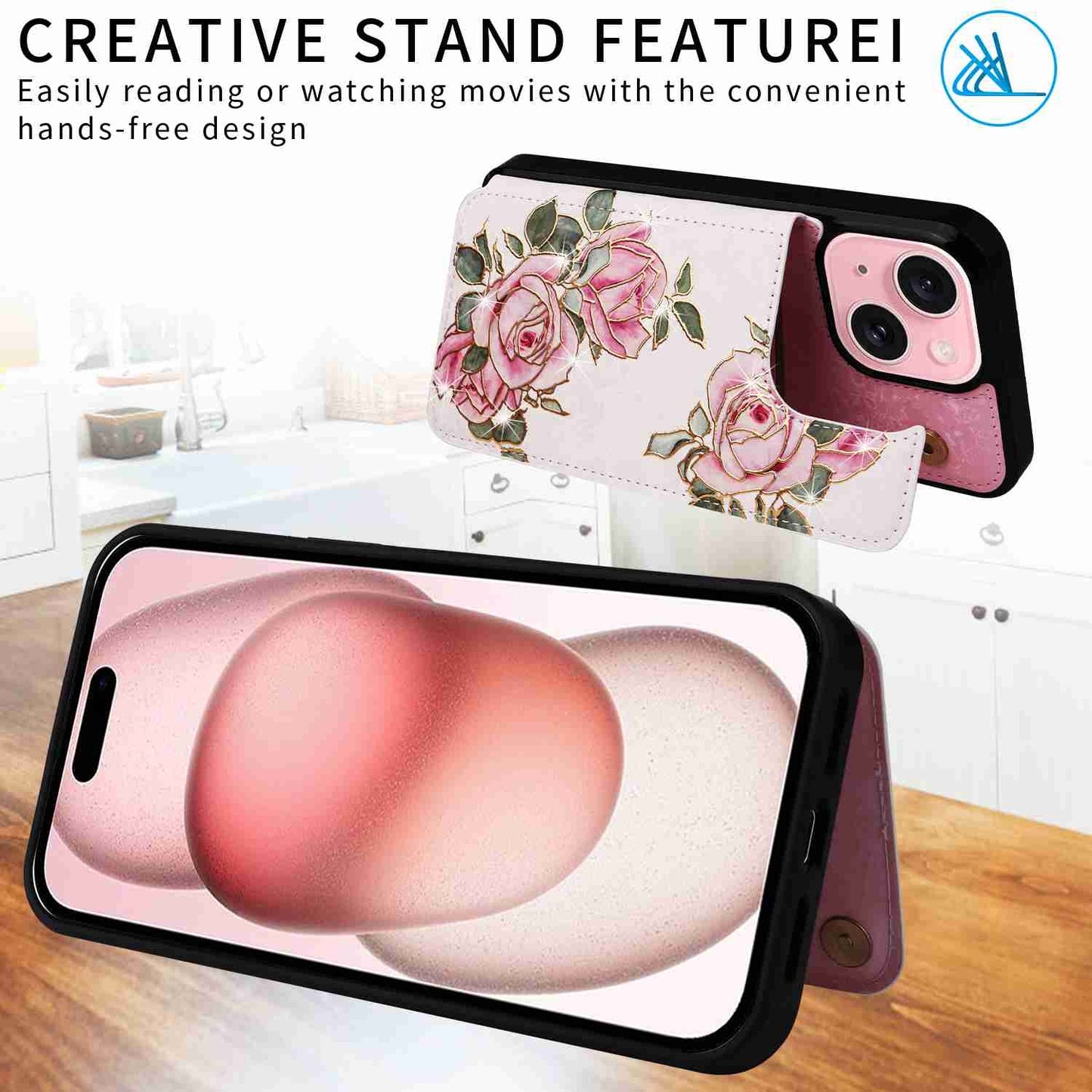 ELECTROPRIME For iPhone 15 Printed Double Buckle RFID Anti-theft Phone Case(Rose)