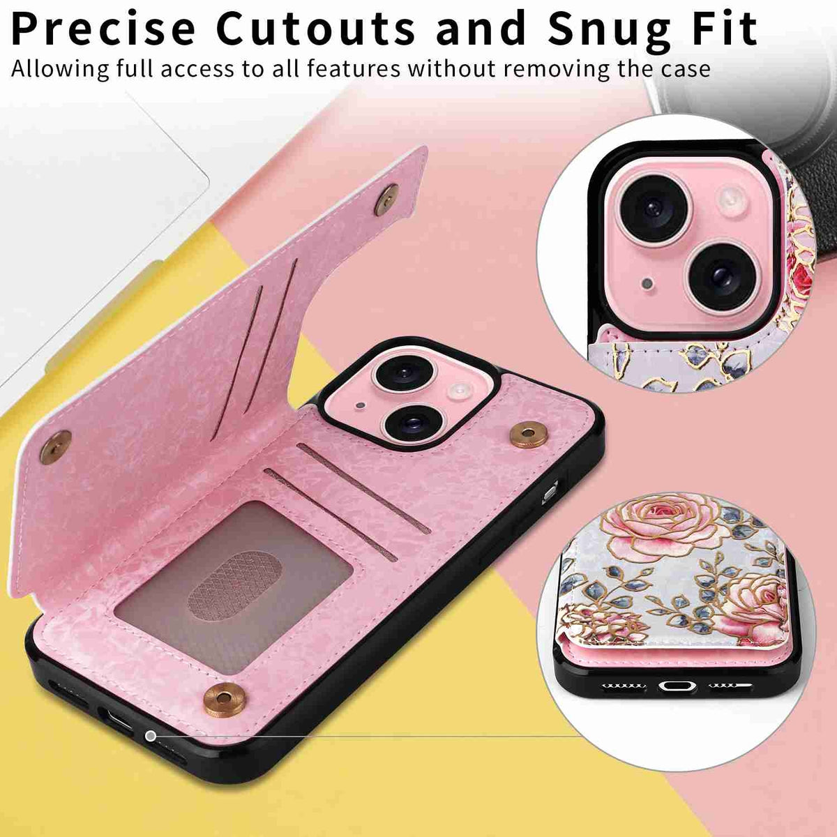 ELECTROPRIME For iPhone 15 Plus Printed Double Buckle RFID Anti-theft Phone Case(Pastoral Rose)