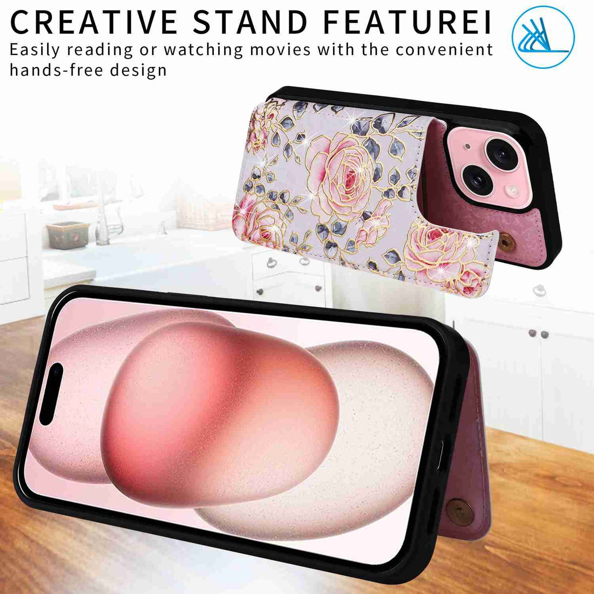 ELECTROPRIME For iPhone 15 Plus Printed Double Buckle RFID Anti-theft Phone Case(Pastoral Rose)