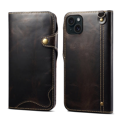 ELECTROPRIME For iPhone 15 Denior Oil Wax Cowhide Magnetic Button Genuine Leather Case(Black)
