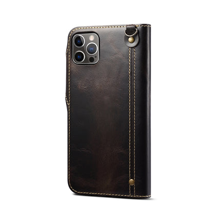 ELECTROPRIME For iPhone 15 Denior Oil Wax Cowhide Magnetic Button Genuine Leather Case(Black)