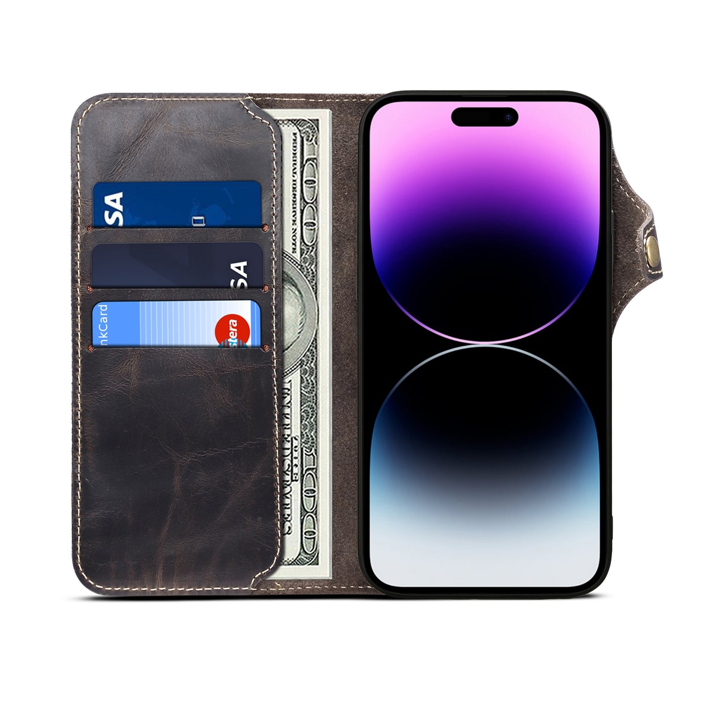 ELECTROPRIME For iPhone 15 Denior Oil Wax Cowhide Magnetic Button Genuine Leather Case(Black)
