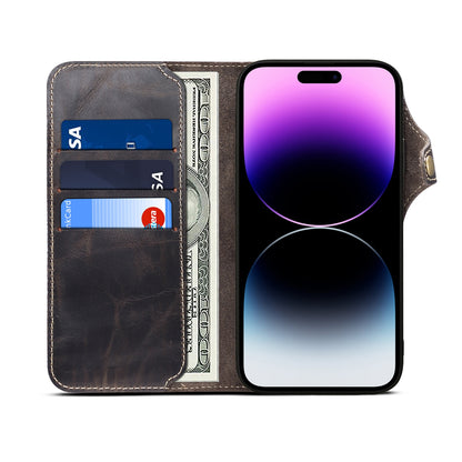 ELECTROPRIME For iPhone 15 Denior Oil Wax Cowhide Magnetic Button Genuine Leather Case(Black)